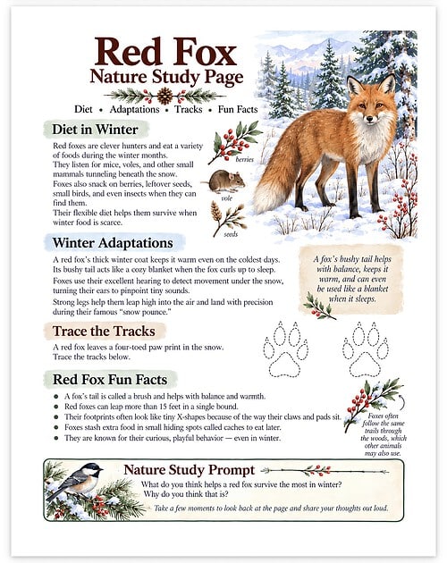 Screenshot Red Fox Nature Study Page: winter scene with fox, pine trees, and berries, detailing diet, adaptations, tracks, and fun facts for homeschool learning.
