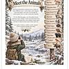 Screenshot Now Let’s Meet the Animals poster featuring a snowy winter scene with a child in a backpack observing wildlife, and a wooden signpost listing animals such as white-tailed deer, red fox, snowshoe hare,.