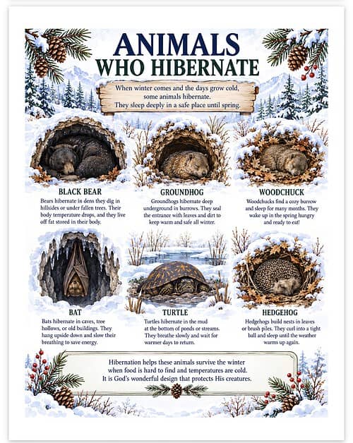 Screenshot Animals Who Hibernate poster showing Black Bear, Groundhog, Woodchuck, Bat, Turtle, Hedgehog in a snowy winter scene.