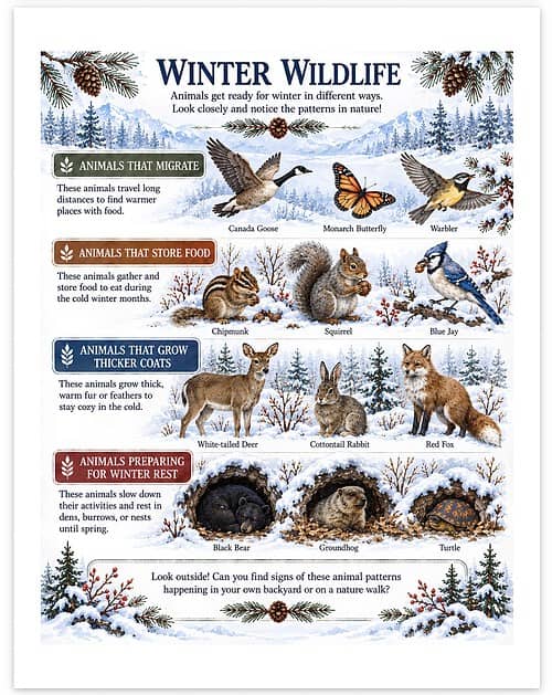 Screenshot Winter Wildlife infographic showing seasonal behaviors of animals: migration, food storage, thicker coats, preparation for winter, and wildlife in a snowy forest scene with birds, mammals, and trees.