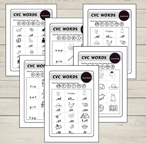 CVC Words worksheets Homeschool Resource Co. CVC words activity sheets featuring simple word families and images, designed for early reading practice.