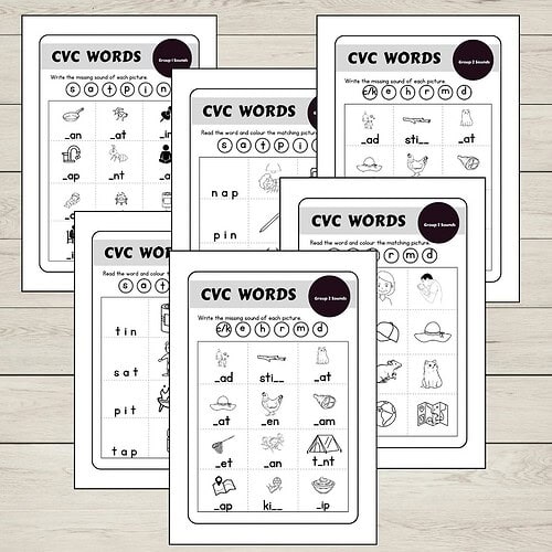 Homeschool Resource Co. CVC words activity sheets featuring simple word families and images, designed for early reading practice.