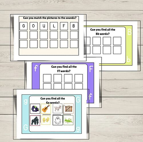 Screenshot Homeschool Resource Co. image showing colorful word-picture activity cards for matching sounds and letters, designed for early literacy in homeschooling.