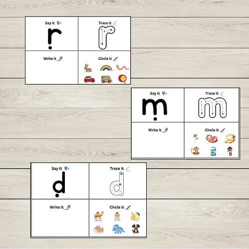 Screenshot Homeschool Resource Co. alphabet activity image showing letter cards with tracing, writing, and circle-it sections for letters r, m, and d on a light wooden background.