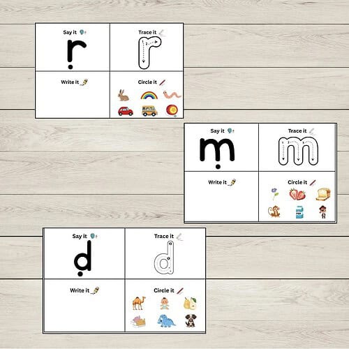 Homeschool Resource Co. alphabet activity image showing letter cards with tracing, writing, and circle-it sections for letters r, m, and d on a light wooden background.