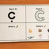 Screenshot C letter learning card set showing Say it, Trace it, Write it, and Circle it activities with a large 'C' and classroom icons for early literacy and handwriting practice.