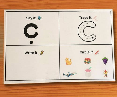 Screenshot C letter learning card set showing Say it, Trace it, Write it, and Circle it activities with a large 'C' and classroom icons for early literacy and handwriting practice.