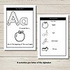 Screenshot Educational alphabet activity sheets for children featuring letter A with images of an apple, ant, astronaut, and arrow.