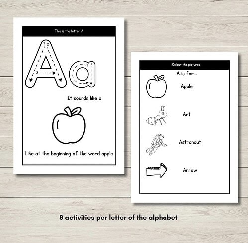 Screenshot Educational alphabet activity sheets for children featuring letter A with images of an apple, ant, astronaut, and arrow.
