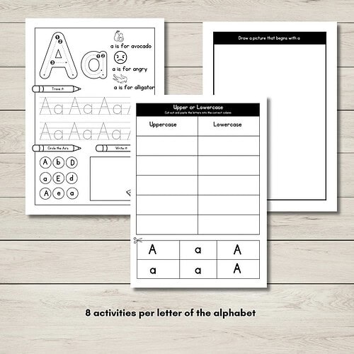Educational alphabet activity sheets for homeschooling, featuring uppercase and lowercase letters, letter tracing, and matching exercises.