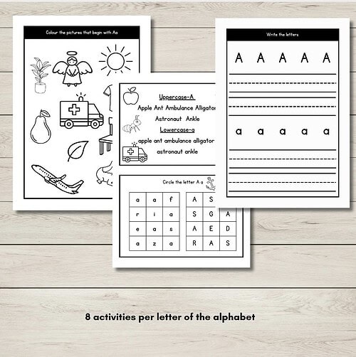 Screenshot Educational printable worksheets for homeschooling, focusing on alphabet activities like coloring, writing, and letter recognition.