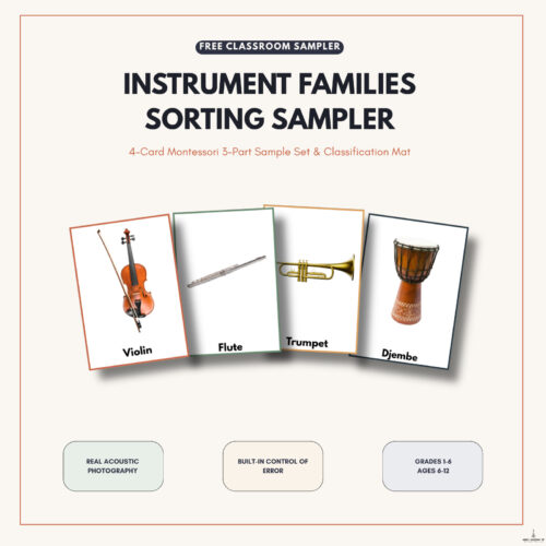 Instrument families sorting sampler featuring violin, flute, trumpet, and djembe for homeschool music education.