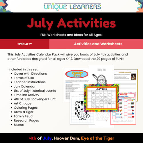 July Activities Calendar Pack