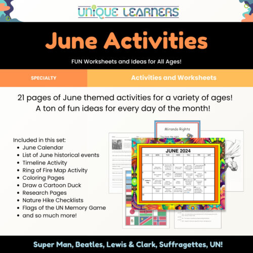 June Activities_Details June activities worksheet set for homeschool with colorful calendar and themed pages for all ages.