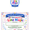 Line Magic badge and certificate, resized Line Magic Mini Art Adventures certificate of completion from Homeschool Resource Co. featuring colorful lettering and decorative doodles for Line Magic achievement.