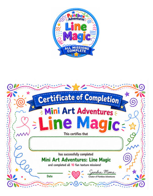Line Magic badge and certificate, resized Line Magic Mini Art Adventures certificate of completion from Homeschool Resource Co. featuring colorful lettering and decorative doodles for Line Magic achievement.