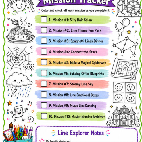 Line Magic Mission Tracker page showing colorful missions list with doodles, stars, and a cup of colored pencils on homeschool resource poster.