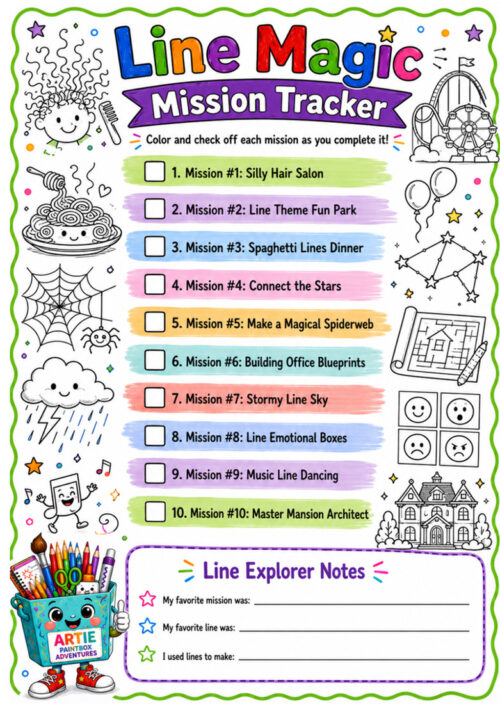 Line Magic mission tracker, resized Line Magic Mission Tracker page showing colorful missions list with doodles, stars, and a cup of colored pencils on homeschool resource poster.