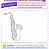 Line Mission 9 Music Line Dancing, resized Saxophone illustration for Mission #9 Music Line Dancing activity from Homeschool Resource Co. with colorful title and instruction box.