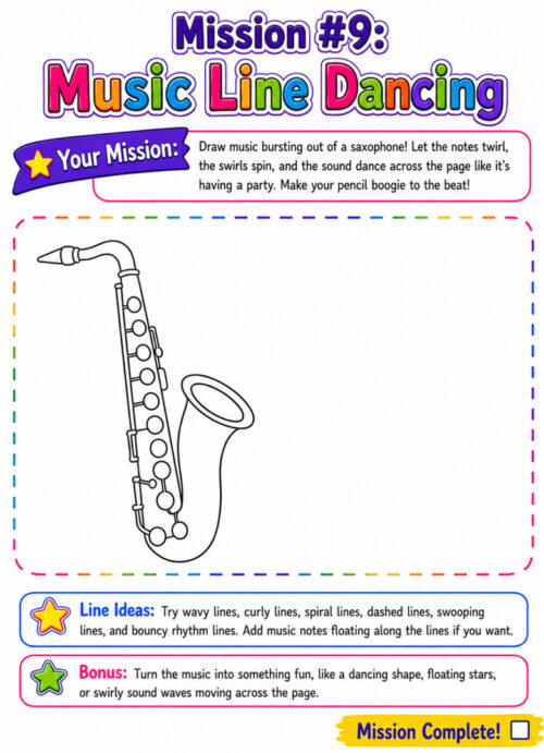Line Mission 9 Music Line Dancing, resized Saxophone illustration for Mission #9 Music Line Dancing activity from Homeschool Resource Co. with colorful title and instruction box.