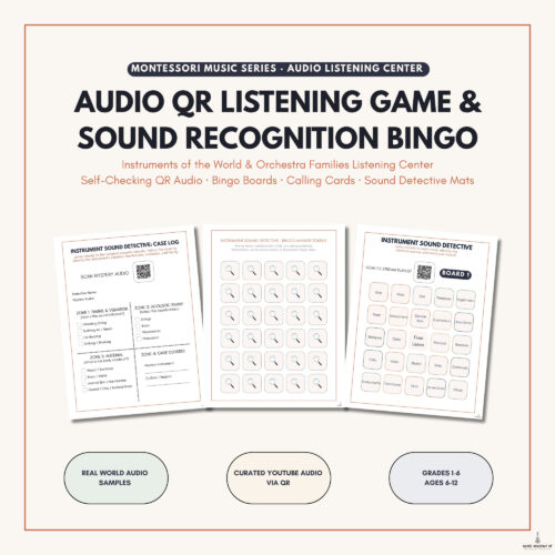 MANWA storefront 1.2 Homeschool Resource Co. offers audio QR listening games and sound recognition bingo for children aged 6-12, featuring self-checking QR audio, bingo boards, and sound detective mats.