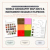 MANWA storefront unit 1.3 World Geography Map Mats and Instrument Research Flipbook for homeschooling, featuring continent maps, research activities, and educational tools for grades 1-6.