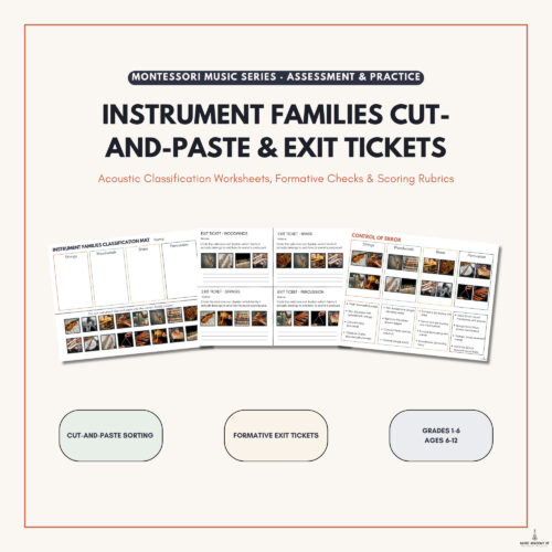 MANWA storefront unit 1.4 Montessori music assessment tools including cut-and-paste and exit tickets for instrument families, suitable for grades 1-6 and ages 6-12.