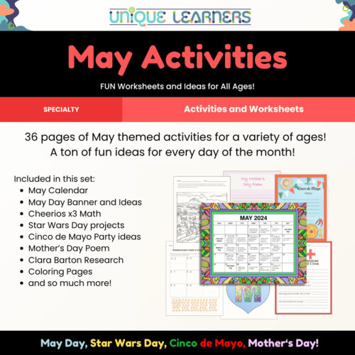 May Activities_Details May activities worksheet set for homeschooling, including themed ideas for May Day, Star Wars Day, Cinco de Mayo, and Mother's Day, with colorful designs and educational content.