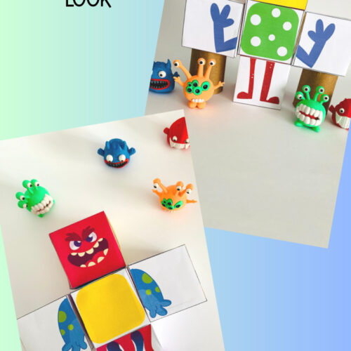 Colorful cubic blocks with cartoon faces and clay monster figures arranged on a white panel, bright playful setup from Homeschool Resource Co. for kids learning through hands-on activities.