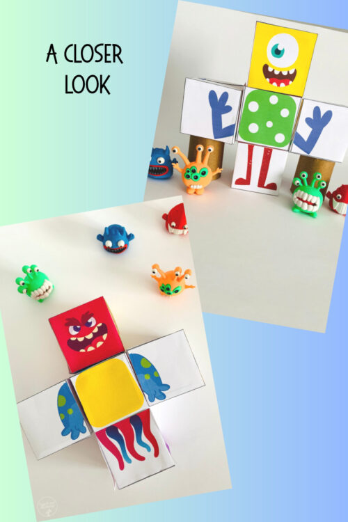 Monster cubes collage Colorful cubic blocks with cartoon faces and clay monster figures arranged on a white panel, bright playful setup from Homeschool Resource Co. for kids learning through hands-on activities.