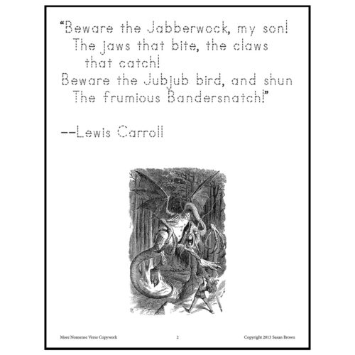 Illustration of the Jabberwock scene from Lewis Carroll with a dragon-like creature and a brave hunter in a forest setting, with a quotation above.