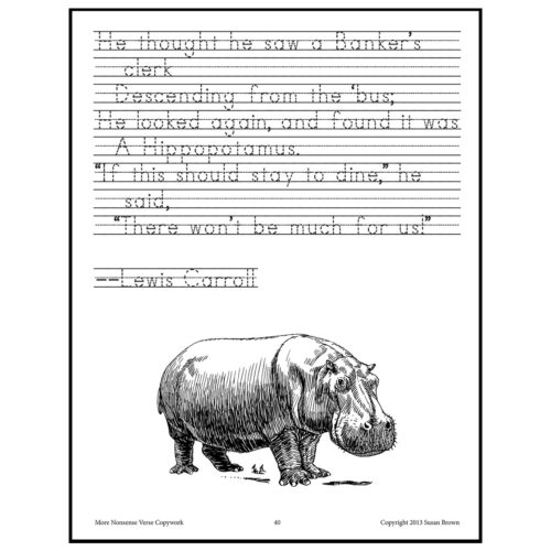 Homeschool Resource Co. Hippo Illustration Detailed black-and-white illustration of a hippopotamus walking, paired with lined text in the background.