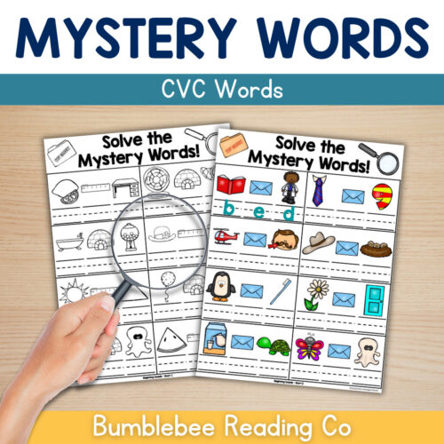 Mystery Words Cover Educational CVC words mystery puzzle activity for homeschool learning, featuring colorful images and word matching exercises.