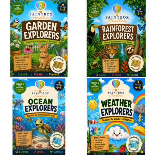 Nature Collection 4-book composite Garden Explorers, Rainforest Explorers, Ocean Explorers, and Weather Explorers Paintbox Adventures for ages 4-8 feature colorful jungle, ocean, and weather themes with engaging activities.