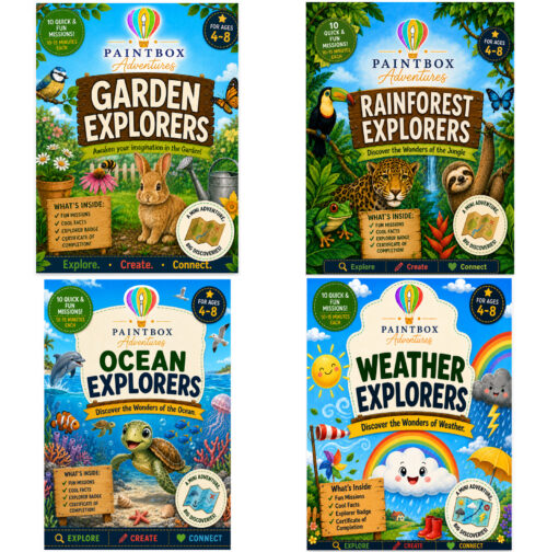 Nature Collection 4-book composite Garden Explorers, Rainforest Explorers, Ocean Explorers, and Weather Explorers Paintbox Adventures for ages 4-8 feature colorful jungle, ocean, and weather themes with engaging activities.