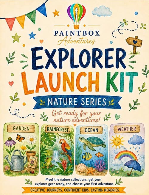 Nature Explorer Launch Kit, resized Explorer Launch Kit by Paintbox Adventures, nature series packaging featuring garden, rainforest, ocean, and weather scenes with colorful illustrations.