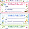 Nature Family Feedback Cards, resized Family Feedback Cards by Homeschool Resource Co. artwork titled Kind Words for the Artist, featuring colorful doodles of plants, flowers, sun, and small creatures around framed spaces for notes and a.