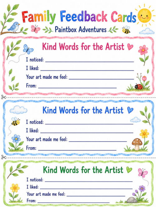 Nature Family Feedback Cards, resized Family Feedback Cards by Homeschool Resource Co. artwork titled Kind Words for the Artist, featuring colorful doodles of plants, flowers, sun, and small creatures around framed spaces for notes and a.