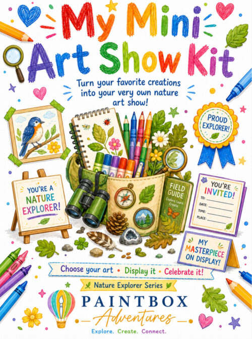 Nature Mini Art Show Kit, resized My Mini Art Show Kit: colorful art supplies, nature-themed illustrations, and a nature explorer motif for kids, promoting creativity and outdoor art adventures.