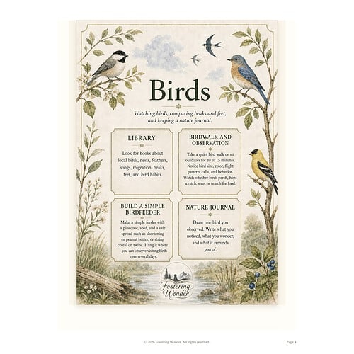 Educational birdwatching guide featuring illustrations of various bird species, including a chickadee, bluebird, and goldfinch, with sections on birdwatching and nature journaling.