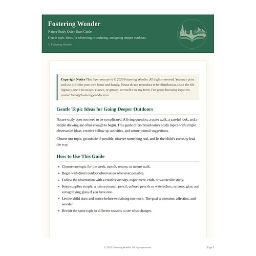 Fostering Wonder Nature Study Guide Nature study guide for outdoor exploration and curiosity development for homeschooling.