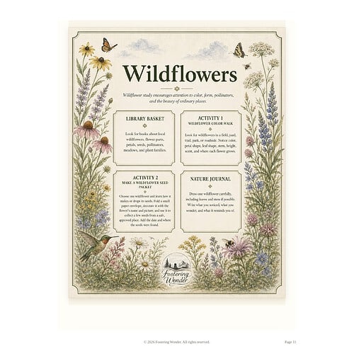 Wildflowers Educational Poster for Homeschooling Educational poster featuring wildflowers with activities, journal, and library basket for homeschool learning about nature and wildflowers.