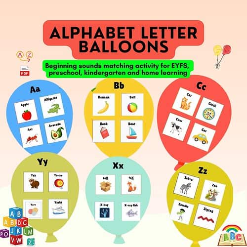 Alphabet Letter Balloons: A to Z with matching images for early learners.