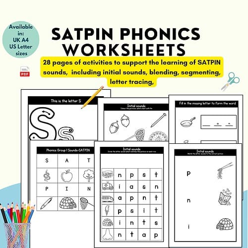 SATPIN Phonics Worksheets SATPIN Phonics Worksheets Group 1 | Beginning Sounds CVC Words Letter Tracing