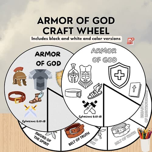 Armor of God Wheel Craft Armor of God craft wheel with black and white and color versions, Bible symbols and icons for Ephesians 6:10-18, celestial sky background.