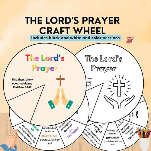 The Lord's Prayer Craft Wheel image showing colorful wheel segments and hands in prayer, for homeschool resource use.