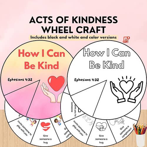 Acts of Kindness Wheel Craft image showing two circular designs reading How I Can Be Kind, with pink and white backgrounds and heart hands clipart.