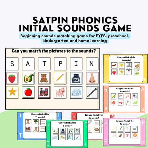 SATPIN Initial Sounds Game Satpin Phonics Initial Sounds Game image showing matching activity for EYFS preschool kindergarten home learning from Homeschool Resource Co.