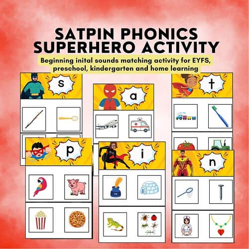 SATPIN Superhero Phonics Activity Satpin Phonics Superhero Activity: beginning sounds matching activity for EYFS, preschool, kindergarten and home learning from Homeschool Resource Co.
