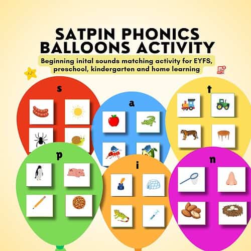 Satpin Phonics Balloons Activity image for Homeschool Resource Co. featuring colorful circles with letter tiles and pictures to support early literacy and phonics learning.